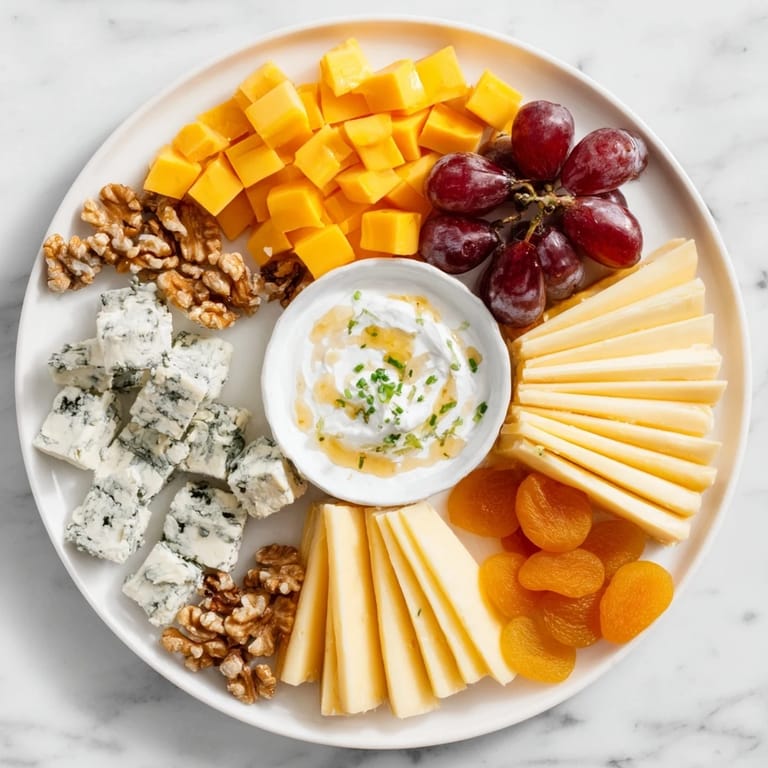 A decadent Celtic Cross Cheese Platter, with honey-drizzled blue cheese and a vibrant, flavorful dip.