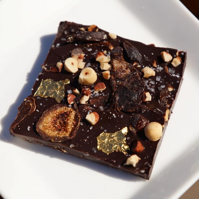 Close-up of the Midnight Mosaic dessert showing the dark chocolate and contrasting flavorful toppings.