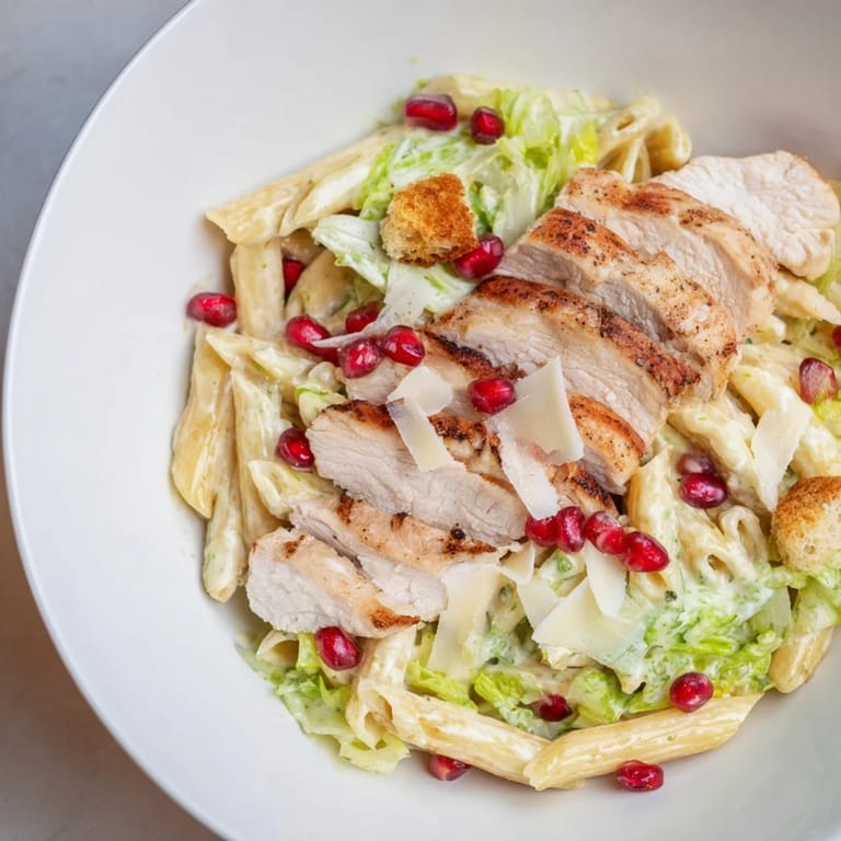 Creamy Chicken Caesar Pasta with pomegranate, a delightful mix bursting with ruby-red pomegranate seeds and flavor.