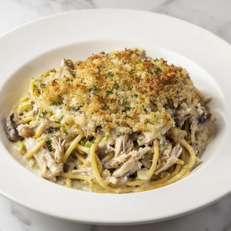This photo shows a bubbling Turkey Tetrazzini, a flavorful pasta casserole with roasted turkey and cheese.
