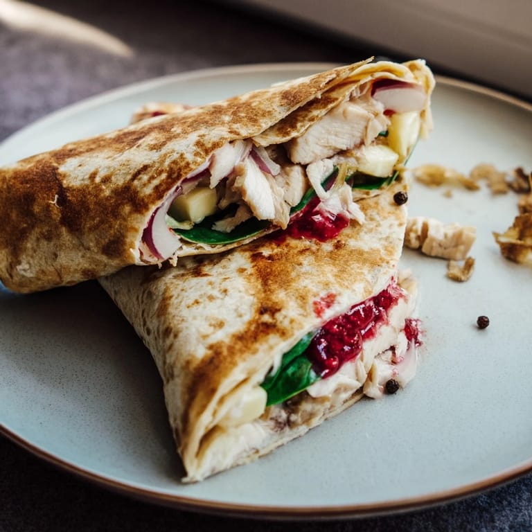 Golden brown Chicken and Brie Holiday Wrap, oozing with brie and cranberry sauce, ready to eat.