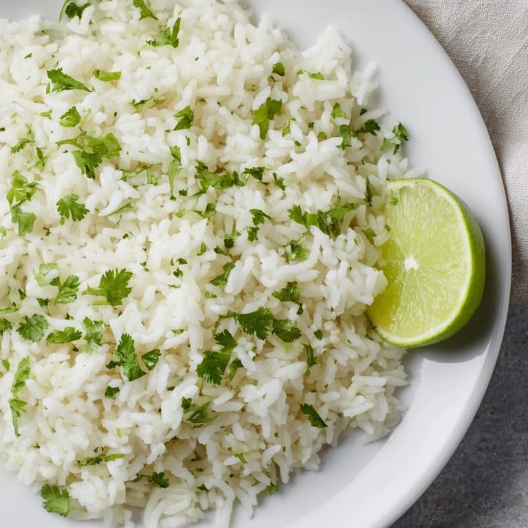 A close-up of fluffy Cilantro Lime Rice, ready to serve alongside your favorite tacos tonight.