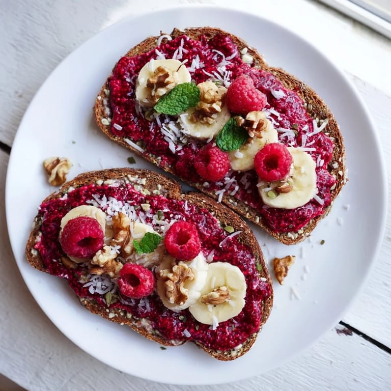 Golden-toasted bread, generously spread with sweet raspberry chia jam, ready to enjoy as a snack!