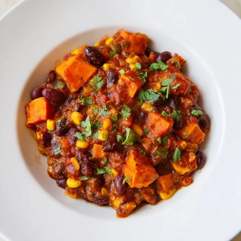 Close-up of the delicious Smoky Sweet Potato Chili; imagine the savory aroma and rich flavors.