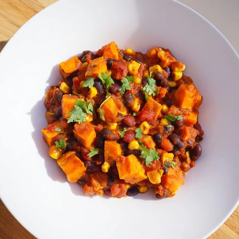 A steaming bowl of this hearty Smoky Sweet Potato Chili, filled with colorful vegetables and beans.