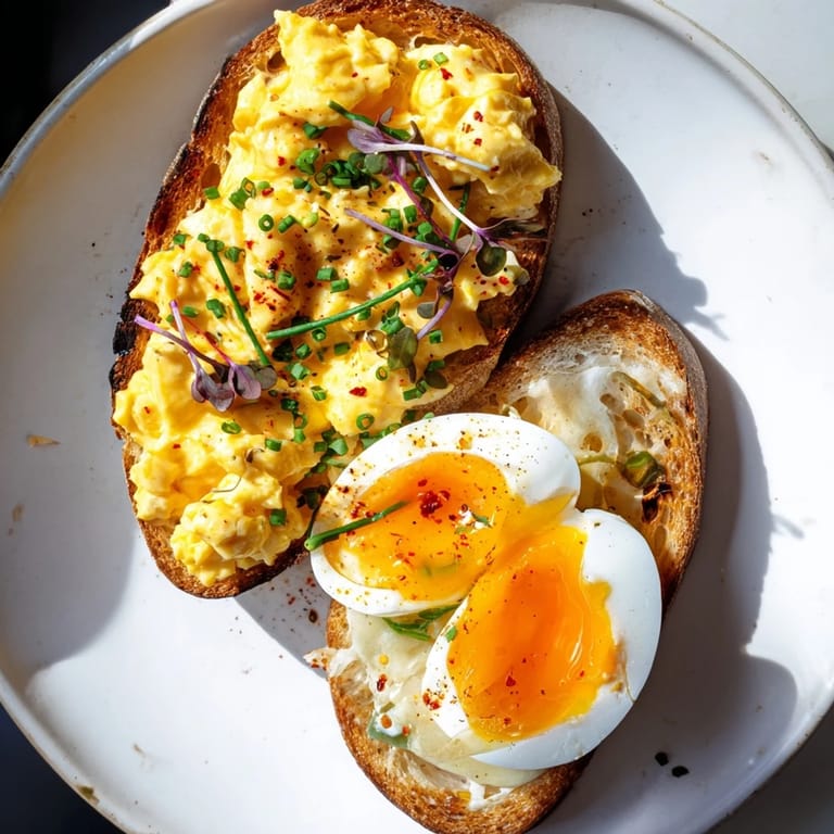 Savory and visually stunning Egg Flight Toast showcasing three egg preparations on a rustic toast slice.