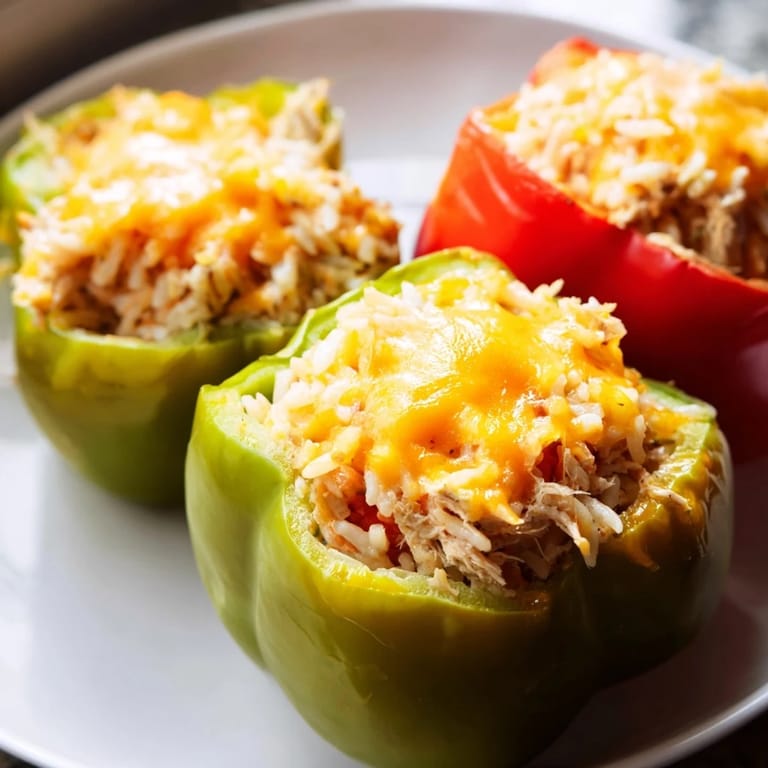 A close-up of cheesy, savory Cheesy Chicken Stuffed Peppers, baked to golden perfection and ready to serve.