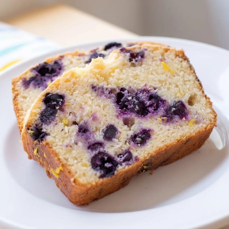 A close-up of a fresh-baked Lemon Blueberry Yogurt Loaf with a tender, moist crumb.