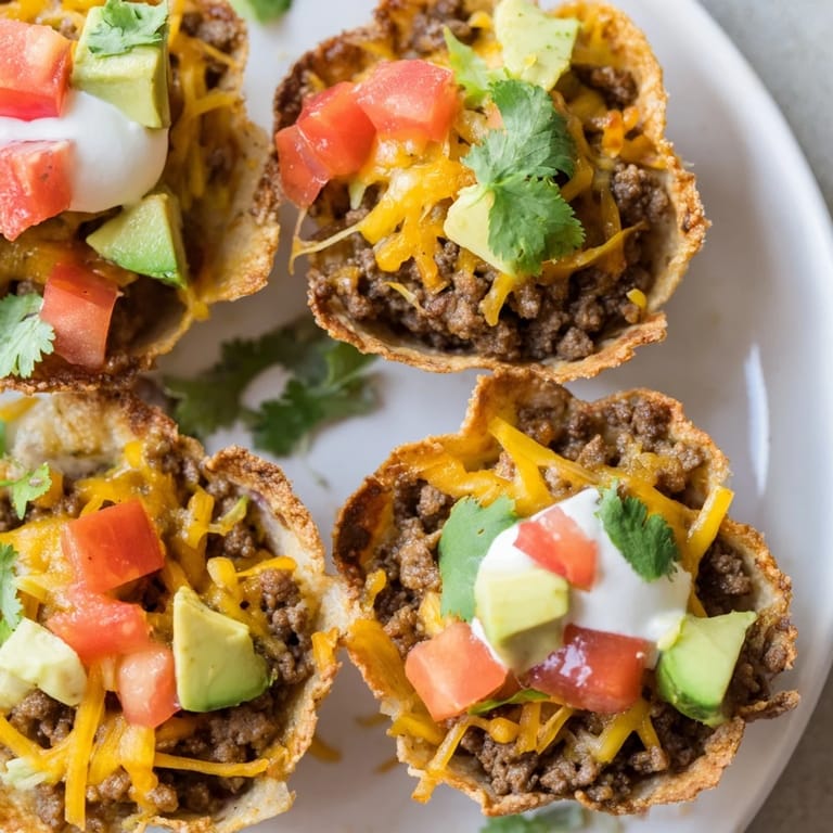 Close-up of crispy mini taco cups, perfectly baked and loaded with a delicious combination of toppings.