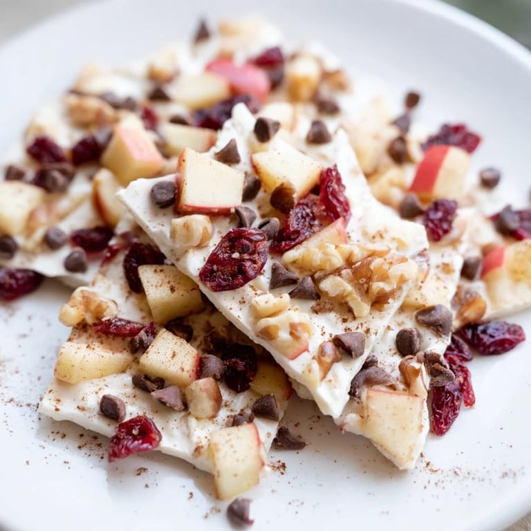 Homemade Apple Cinnamon Yogurt Bark, a refreshing, frozen treat with sweet apples and nuts.