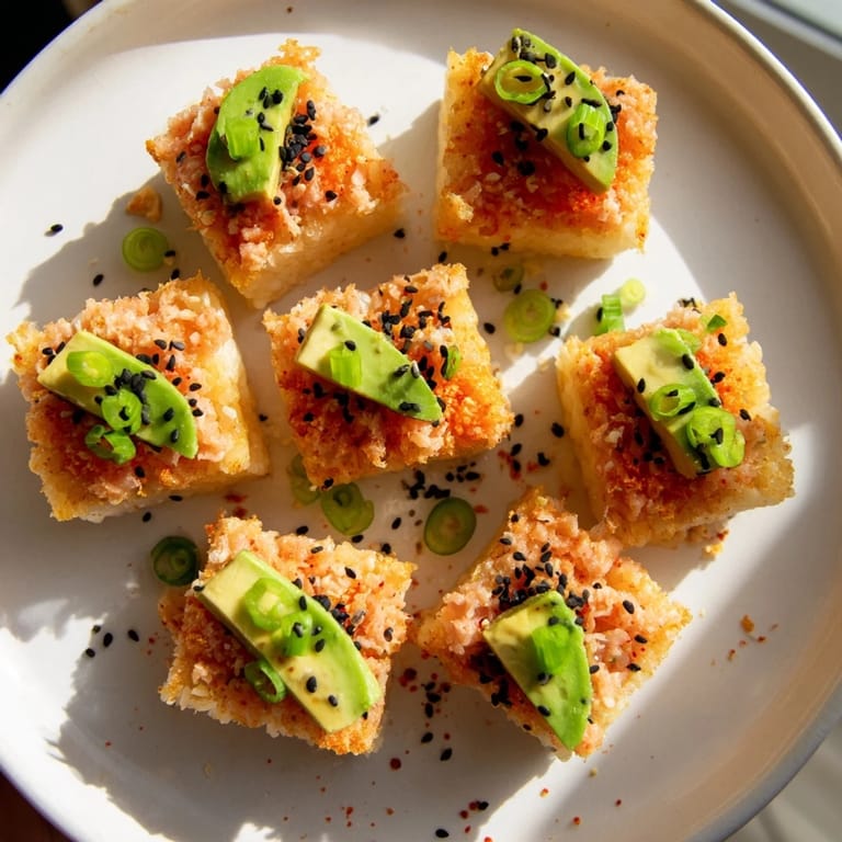 A close-up view offers a beautiful arrangement of Spicy Tuna Crispy Rice, ready to eat, with avocado garnish.