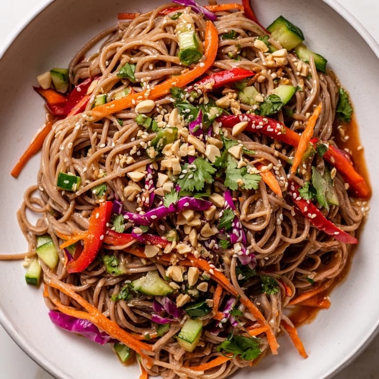 Close-up of sesame seeds atop a delicious cold noodle salad with sesame-ginger dressing.