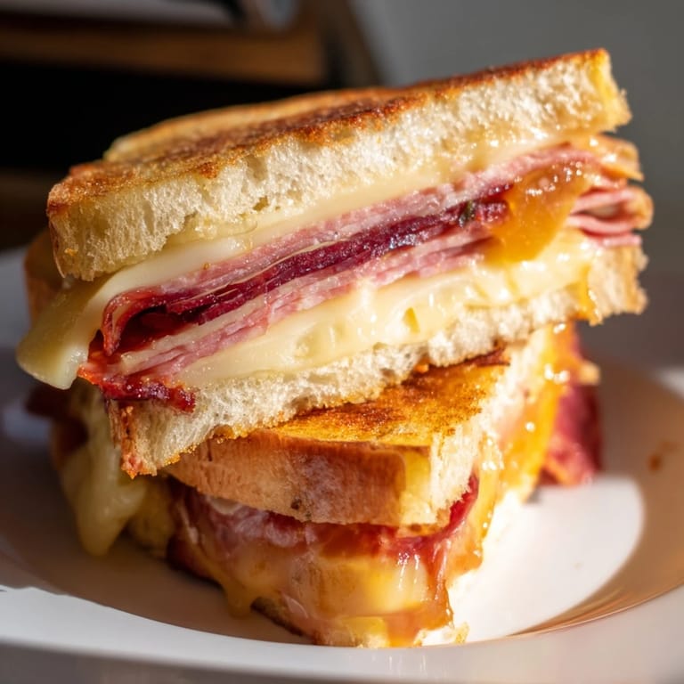 Perfectly grilled Charcuterie Grilled Cheese, oozing with creamy brie and savory prosciutto, a gourmet meal.