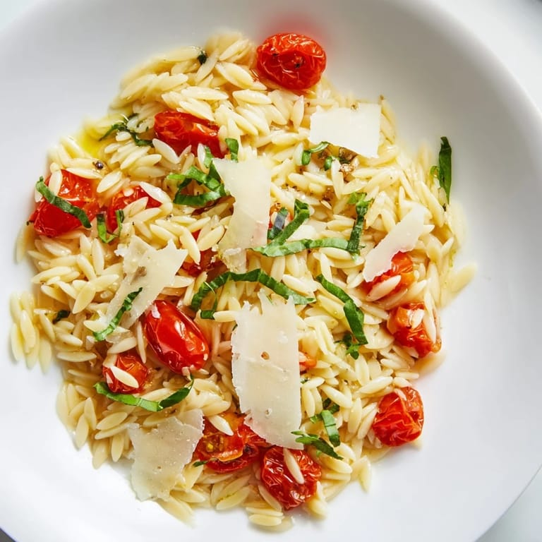 Up-close shot of orzo tomato Parmesan: featuring tender orzo, bright tomatoes, and herbs, perfect for dinner.