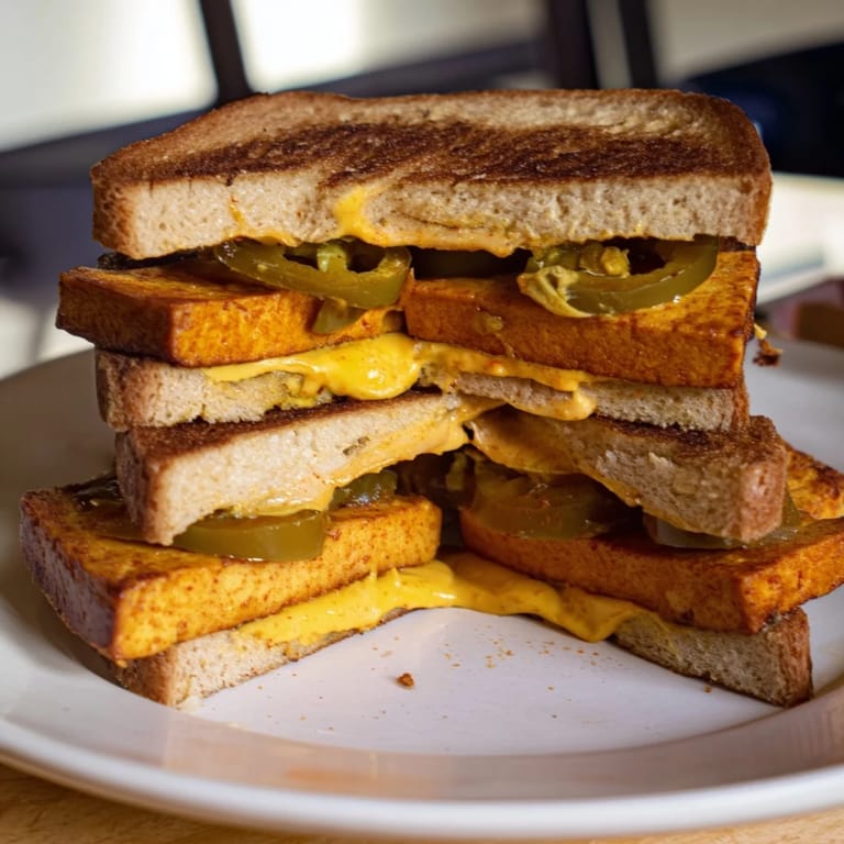 Imagine biting into this flavorful Spicy Crispy Tofu Grilled Cheese with the hint of jalapeños.