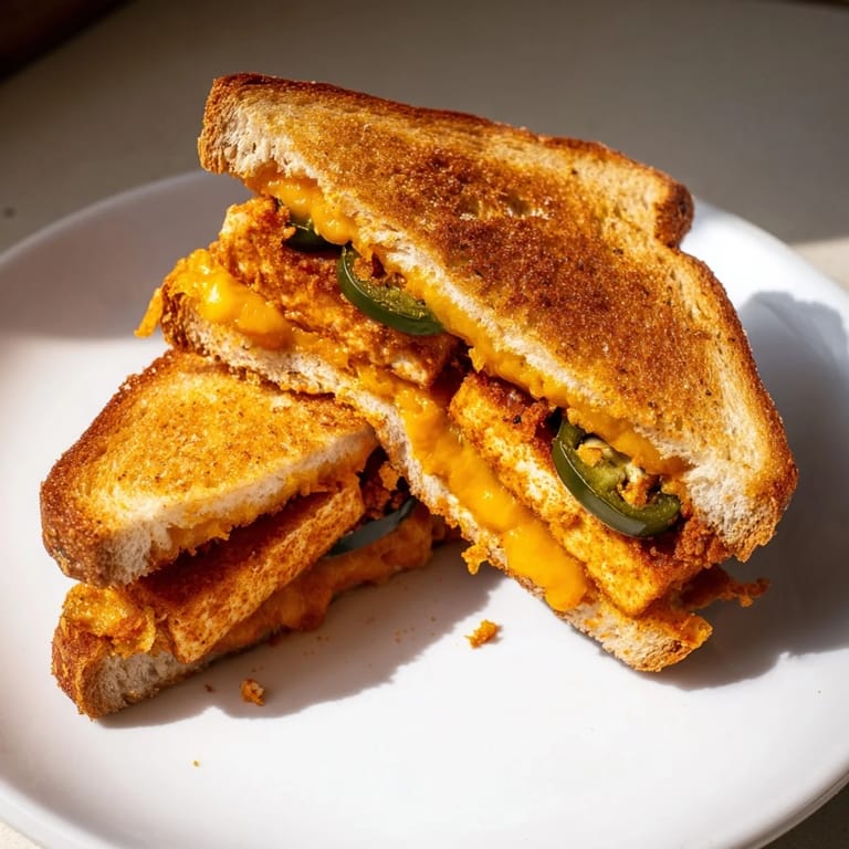Toasty sourdough bread encases this amazing Spicy Crispy Tofu Grilled Cheese for a vegan meal.