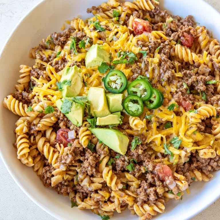 Warm, cheesy Beef Taco Pasta Skillet with cilantro garnish; a comforting Tex-Mex family meal.