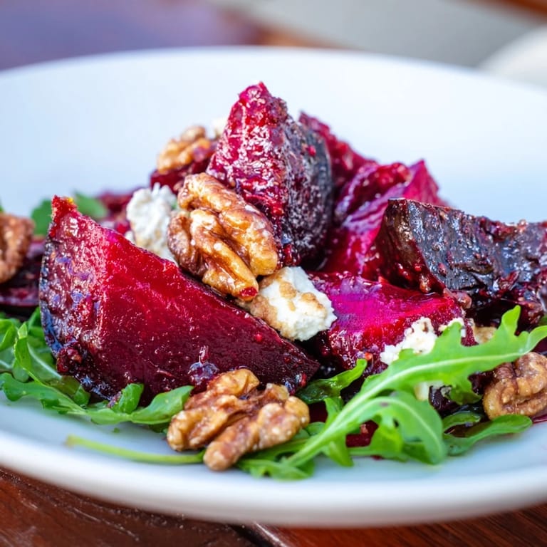A close-up of a beautifully plated Roasted Beet Walnut Salad with fresh arugula and vinaigrette drizzled.