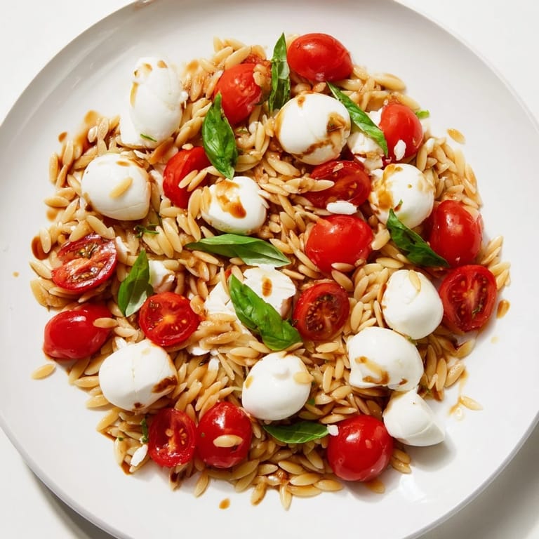 This refreshing Caprese Orzo Salad showcases tender pasta tossed with fresh basil and a tangy vinaigrette dressing.