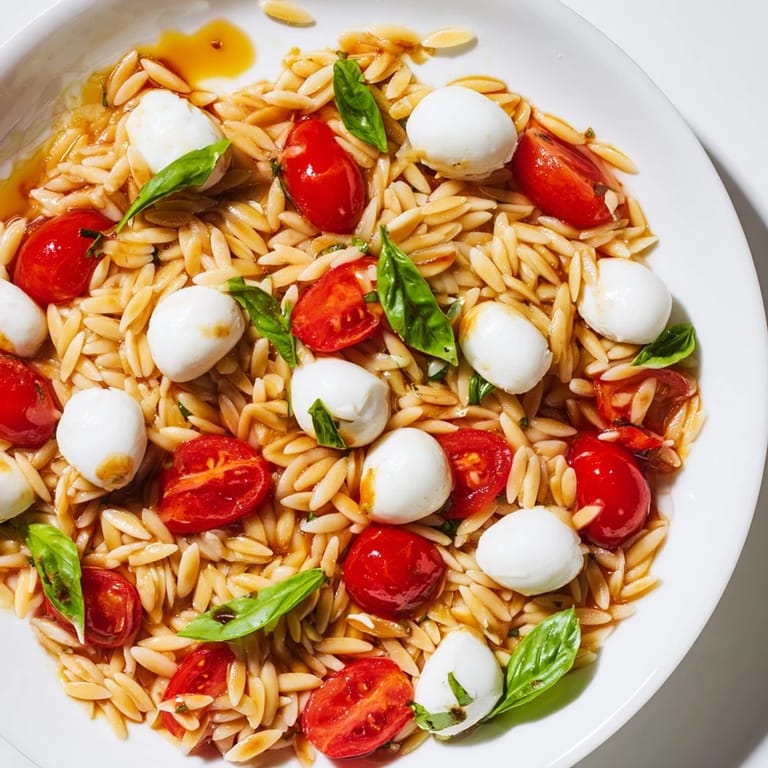See a bowl of flavorful Caprese Orzo Salad, perfect for a light vegetarian lunch, served on a white plate.
