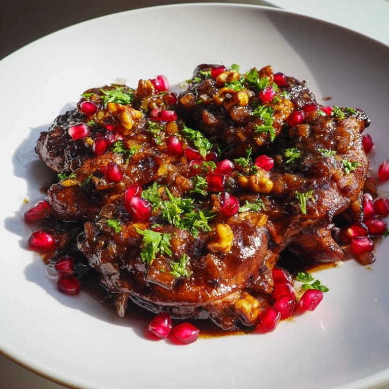 Close-up of Iranian Fesenjan stew, glistening with walnut oil and garnished with fresh parsley.