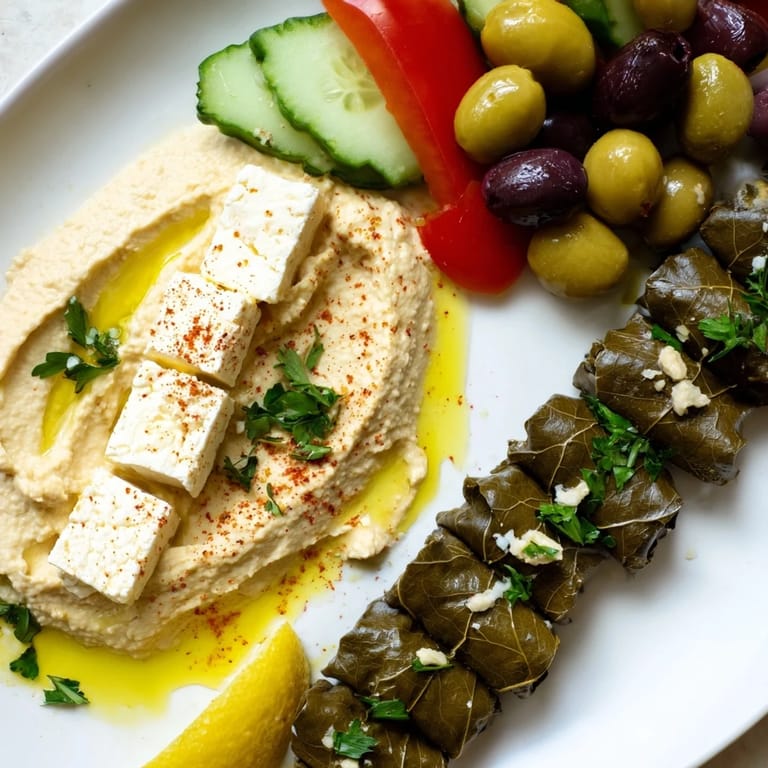 Close-up of a Turkish Meze Platter, showcasing creamy hummus, savory dolmas, and a variety of cheeses.
