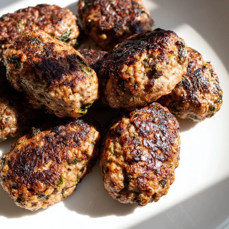 Close-up of freshly grilled Turkish Köfte Meatballs, seasoned with herbs, offering a satisfying aroma and taste.