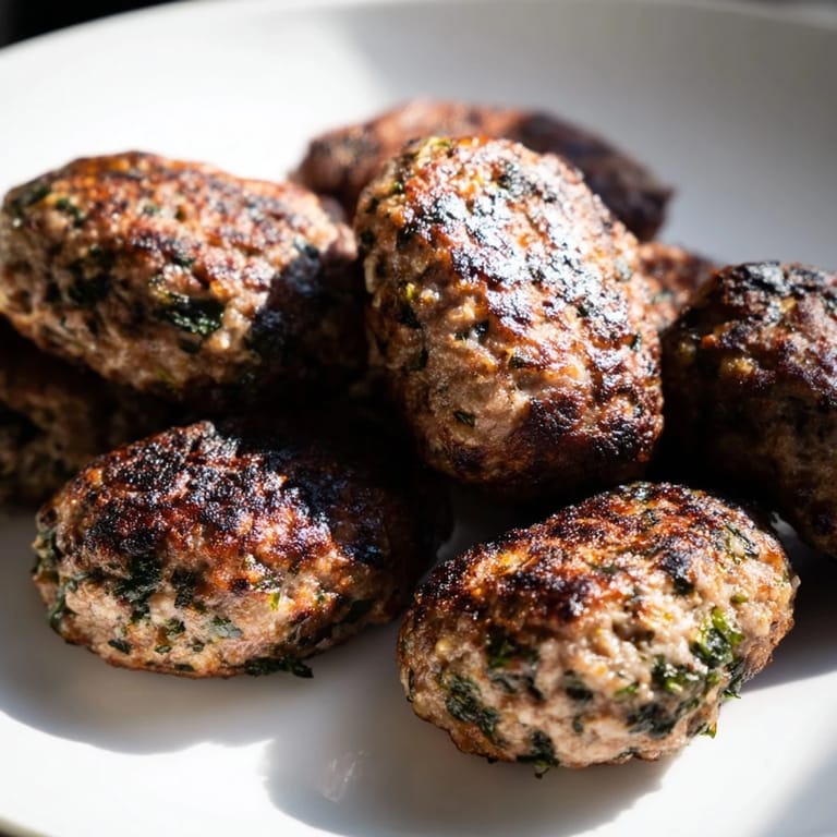 Enjoy tender Turkish Köfte Meatballs, skillfully cooked and presented beautifully with a side of fresh salad.