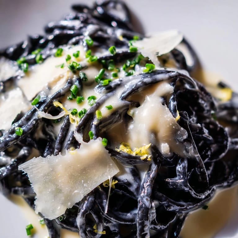 Squid Ink Pasta tossed in creamy sauce, featuring deep black noodles with golden edges and a sprig of chives, ready for a gourmet dinner.