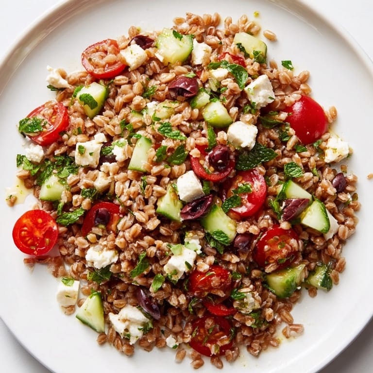 Hearty farro Mediterranean salad features cherry tomatoes, cucumbers, red onion, olives, and feta, drizzled with zesty lemon dressing for a refreshing side.