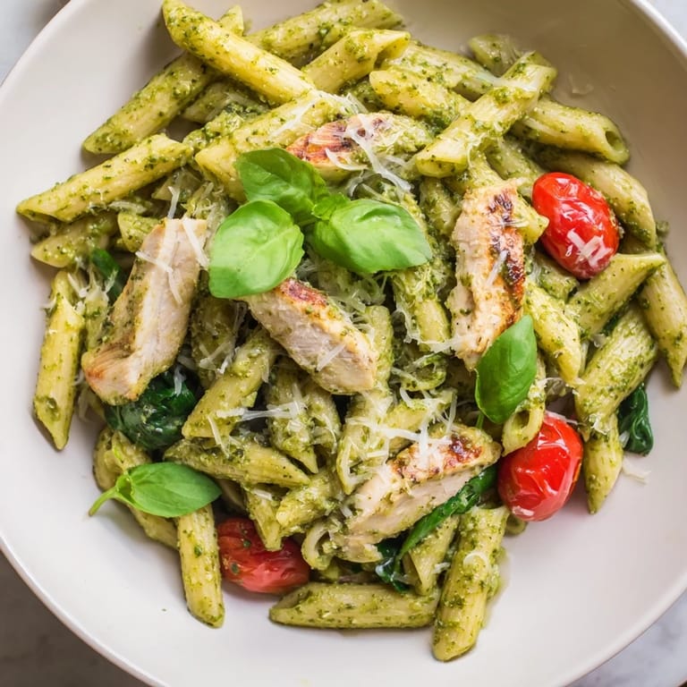 A close-up view highlights the glossy basil pesto coating every piece of juicy grilled chicken and al dente pasta.