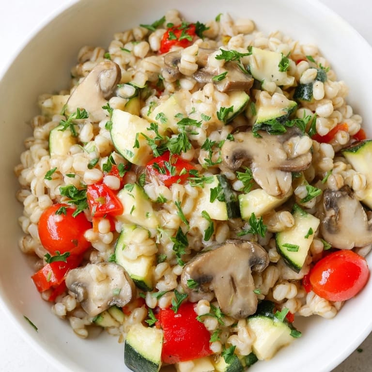 Warm, nutty pearled barley creamy bowl finished with roasted mushrooms and thyme, served hot for an easy weeknight dinner.