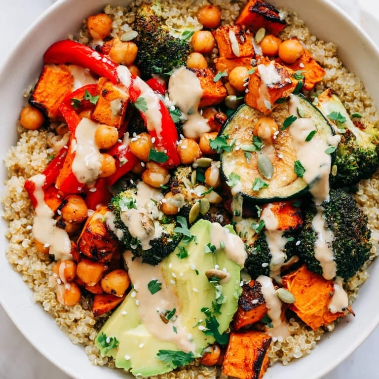 Colorful vegetables and fluffy quinoa are drizzled with garlicky tahini dressing in this vibrant plant-based Buddha bowl.