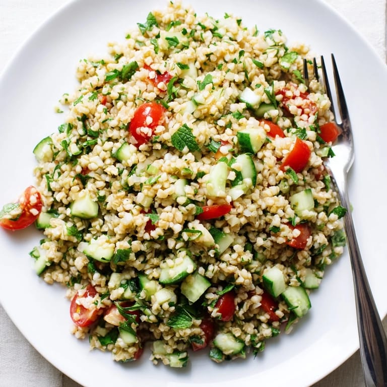 Refreshing Middle Eastern bulgur wheat salad tabbouleh served chilled alongside grilled chicken for a light meal.
