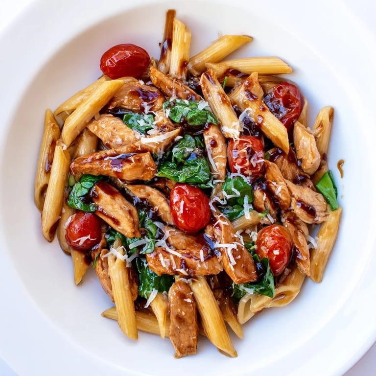 Hearty Balsamic Glazed Chicken Pasta served hot, garnished with grated Parmesan cheese and fresh torn basil leaves.