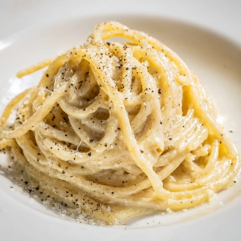 A rustic Italian bowl of spaghetti cacio e pepe ready to serve, topped with extra Pecorino and cracked pepper.