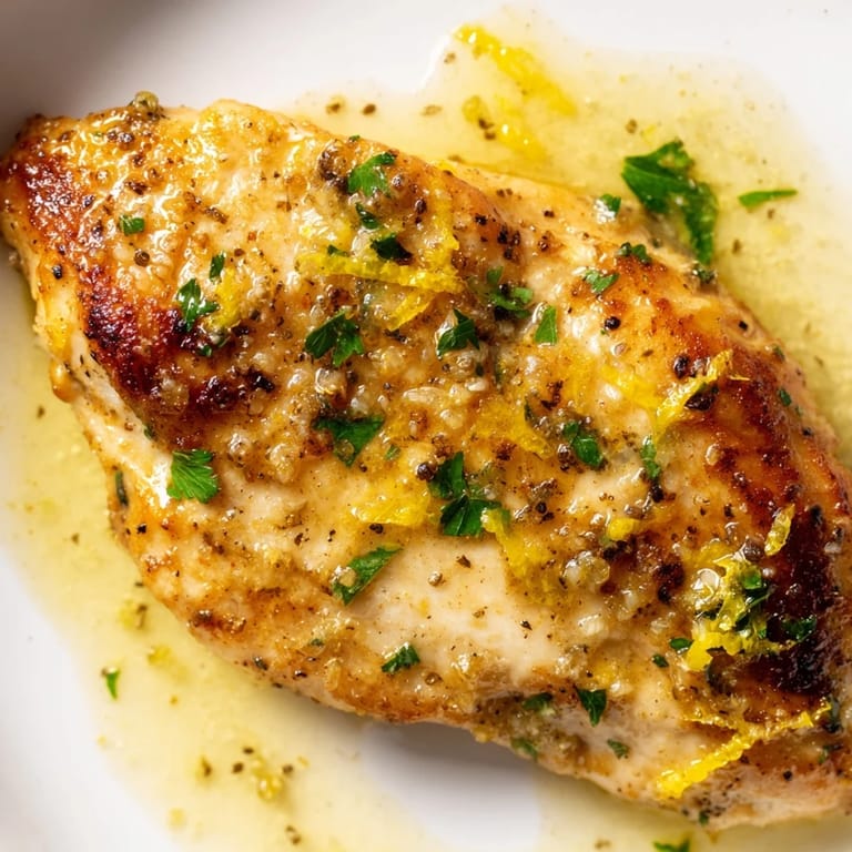 A close-up of Lemon Pepper Chicken with vibrant lemon zest, cracked pepper, and a rich sauce pooling.