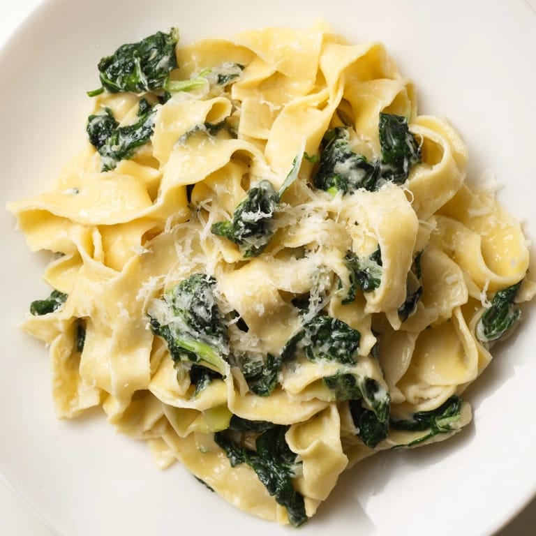 Creamy Spinach Garlic Noodles served hot in a rustic skillet, showcasing wilted spinach and rich, velvety sauce clinging to every strand.  