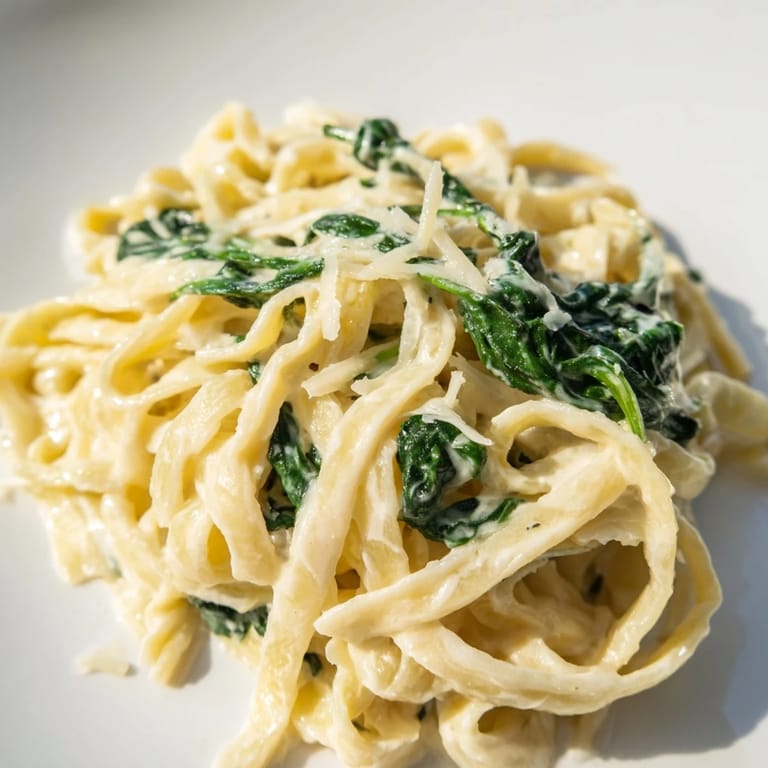 Comforting bowl of Creamy Spinach Garlic Noodles, garnished with red pepper flakes and extra Parmesan, ready for a vegetarian weeknight dinner.