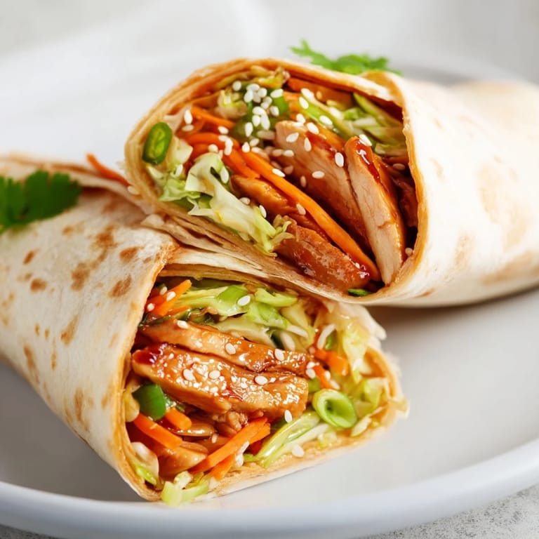 Golden teriyaki chicken wrapped in a warm tortilla with crunchy slaw, ready to serve.