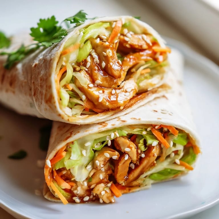 Savory teriyaki chicken wrap filled with shredded cabbage, carrots, and scallions on a plate.