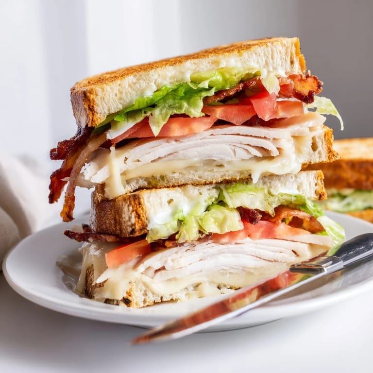 This hearty Turkey Club Grilled Cheese sandwich is served golden-brown with melted cheese oozing, paired with a side of dill pickles and a light salad.