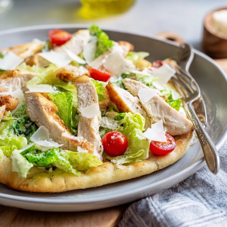 Golden-brown Caesar Chicken Flatbread topped with juicy chicken, fresh lettuce, and shaved Parmesan on a rustic board.