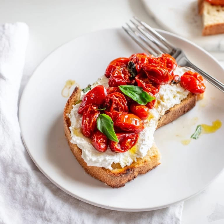 Tomato Ricotta Toast is ready to serve, featuring vibrant red tomatoes and a drizzle of olive oil for a Mediterranean brunch.