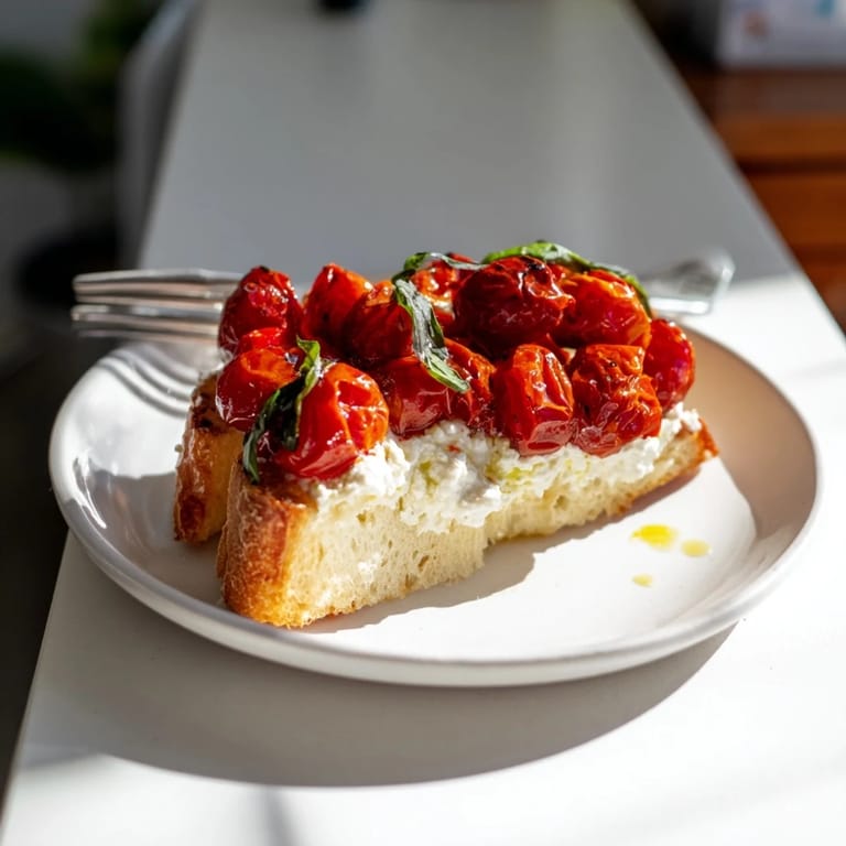 Savor a warm Tomato Ricotta Toast, where sweet roasted tomatoes meet smooth ricotta on crispy bread, ideal for a light snack.