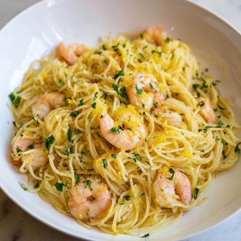 Close-up of lemon butter shrimp pasta lite, vibrant parsley and lemon wedges beside silky noodles, suggesting a bright, light Italian-American meal.