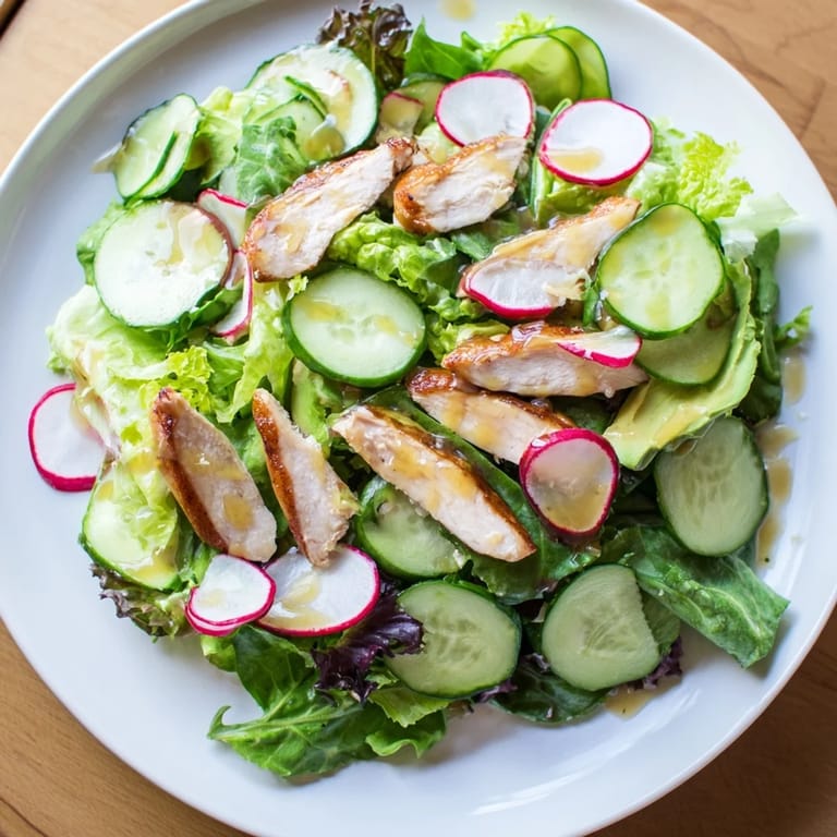 Freshly prepared Spring Detox Chicken Salad with juicy grilled chicken breast, cool cucumber ribbons, and creamy avocado, ready for a healthy lunch or light dinner.