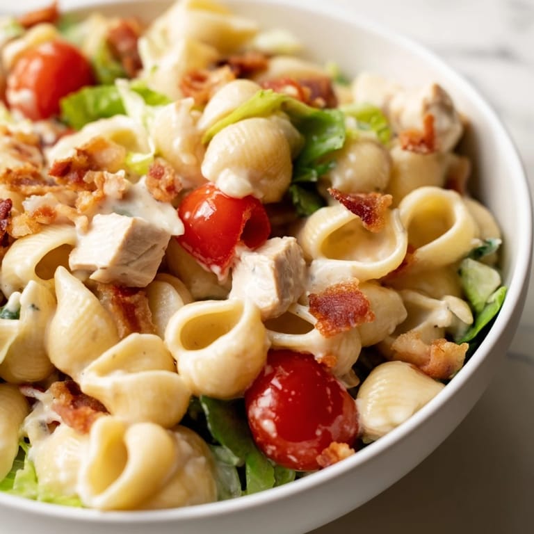 Tasty BLT Chicken Pasta Salad serving suggestion with juicy tomatoes, crumbled bacon, and diced grilled chicken, ready for a potluck.