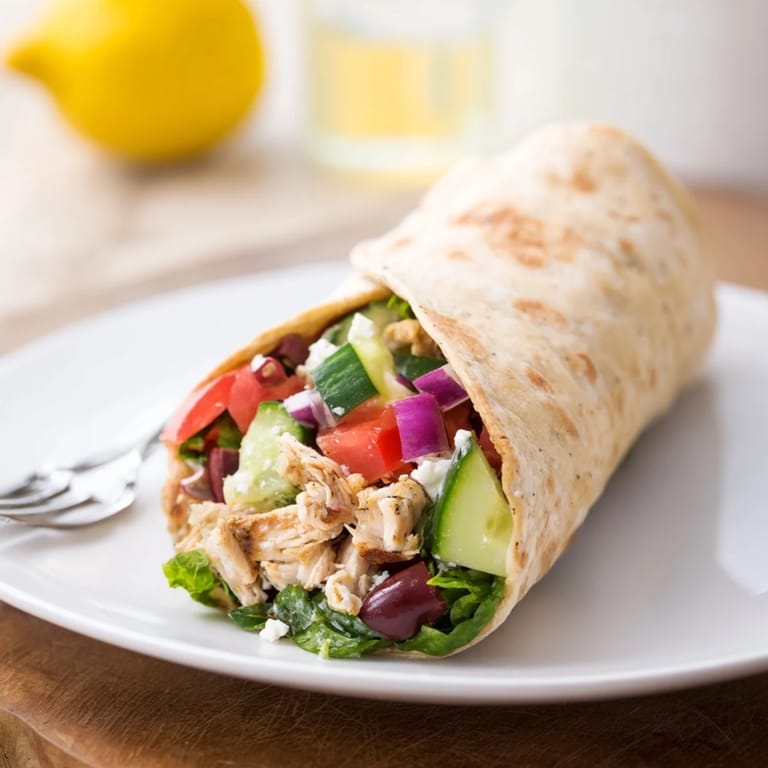 Golden grilled chicken, vibrant Greek salad, and creamy feta layered inside a freshly rolled Greek Lemon Chicken Salad Wrap.  