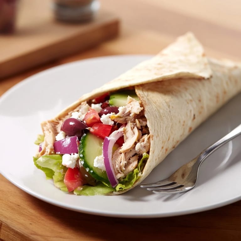Freshly assembled Greek Lemon Chicken Salad Wrap with tender lemon chicken, crunchy veggies, and tangy feta, perfect for a Mediterranean lunch.